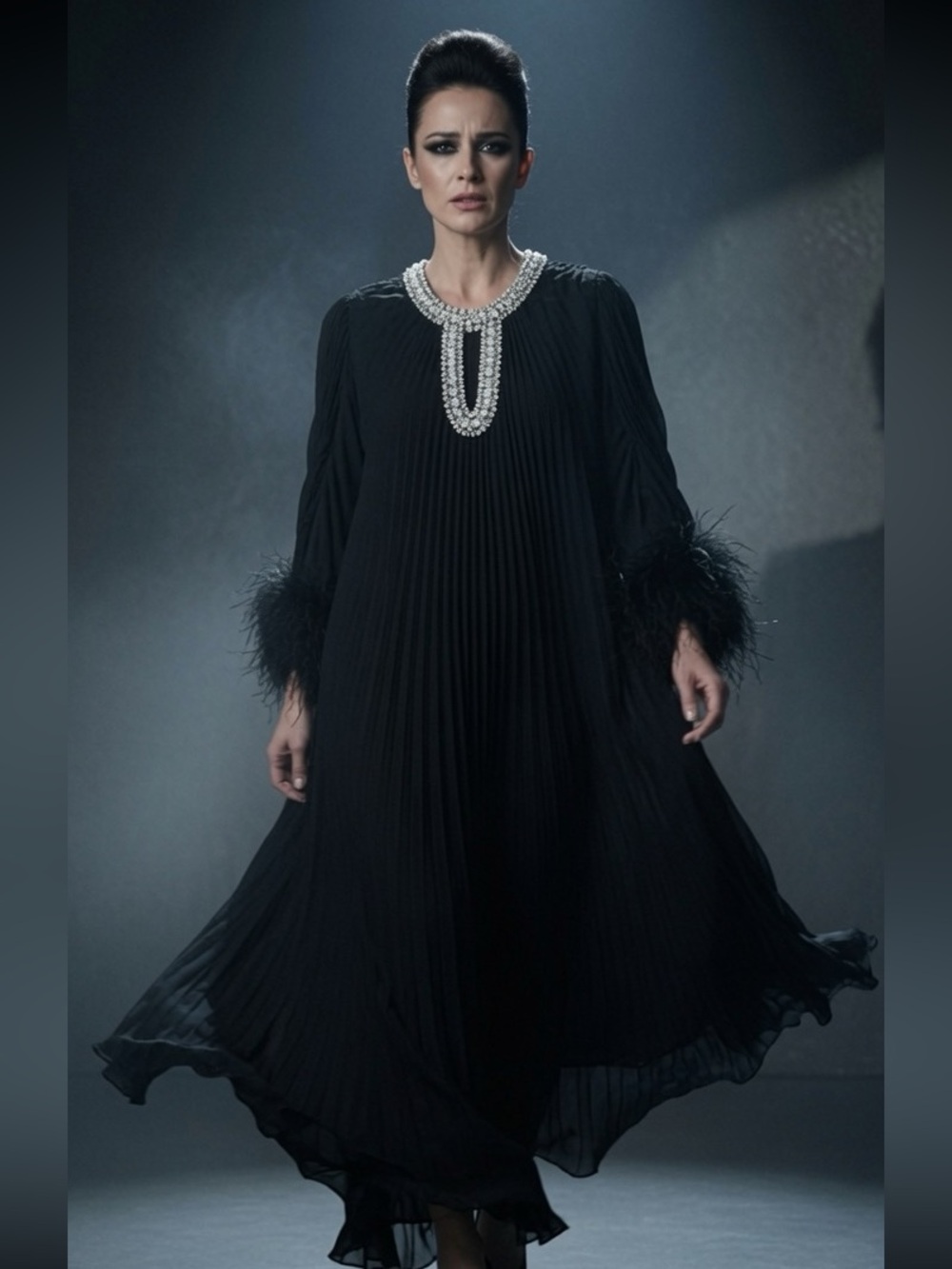 Black Pleated Midi Dress with Jeweled Neckline